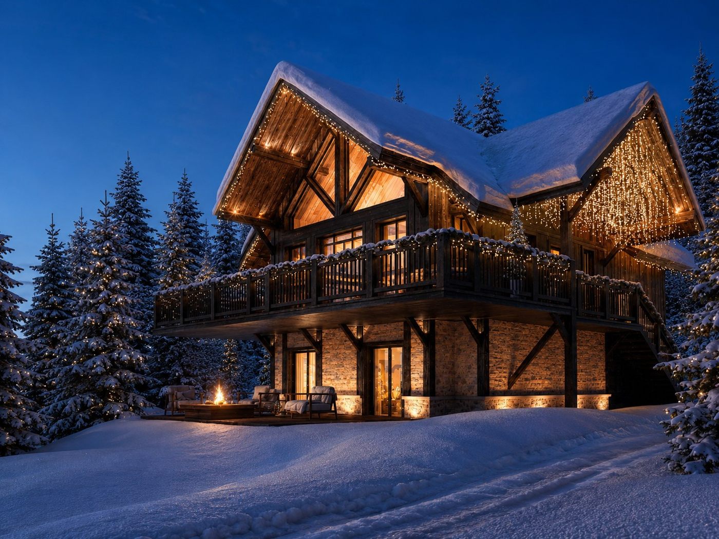 Chalet à la nuit tombée