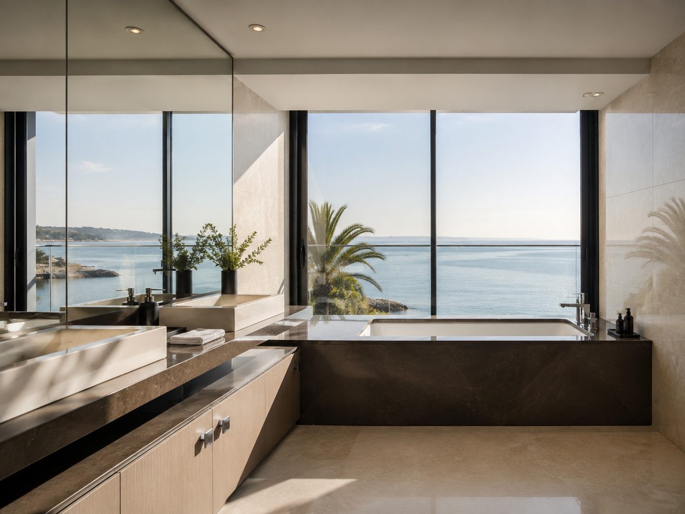 Salle de bains en marbre, vue mer